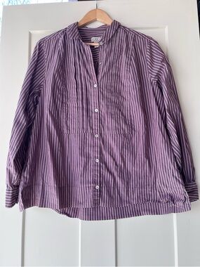 LOGO by Lori Goldstein Purple & White Striped Button-Front Blouse